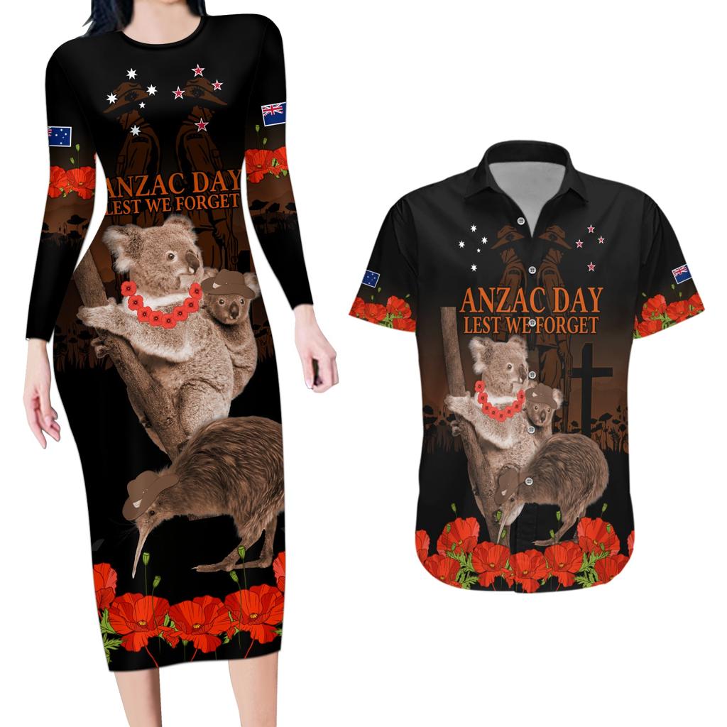 Koala and Kiwi Bird ANZAC Day Custom Couples Matching Long Sleeve Bodycon Dress and Hawaiian Shirt Soldier Style