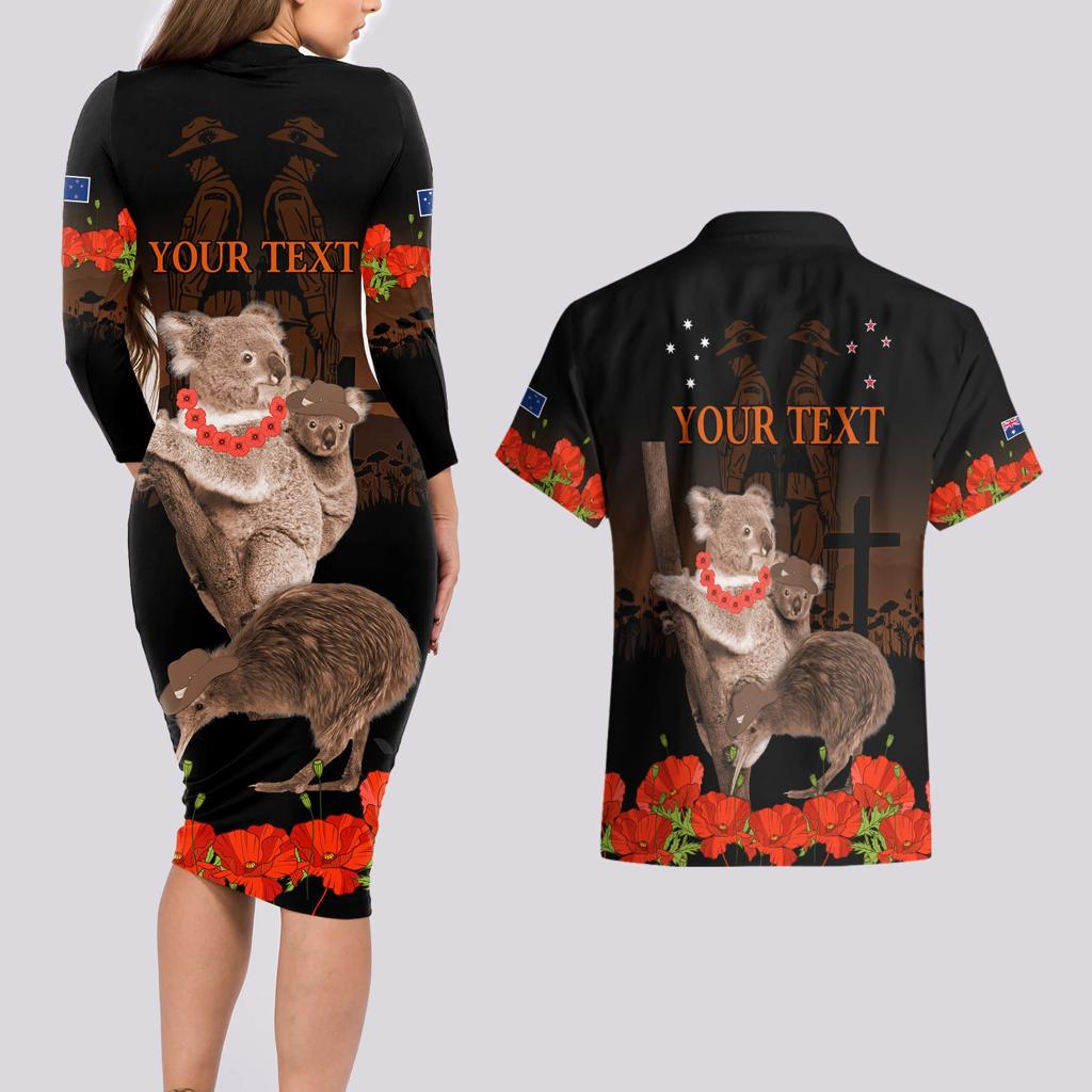 Koala and Kiwi Bird ANZAC Day Custom Couples Matching Long Sleeve Bodycon Dress and Hawaiian Shirt Soldier Style