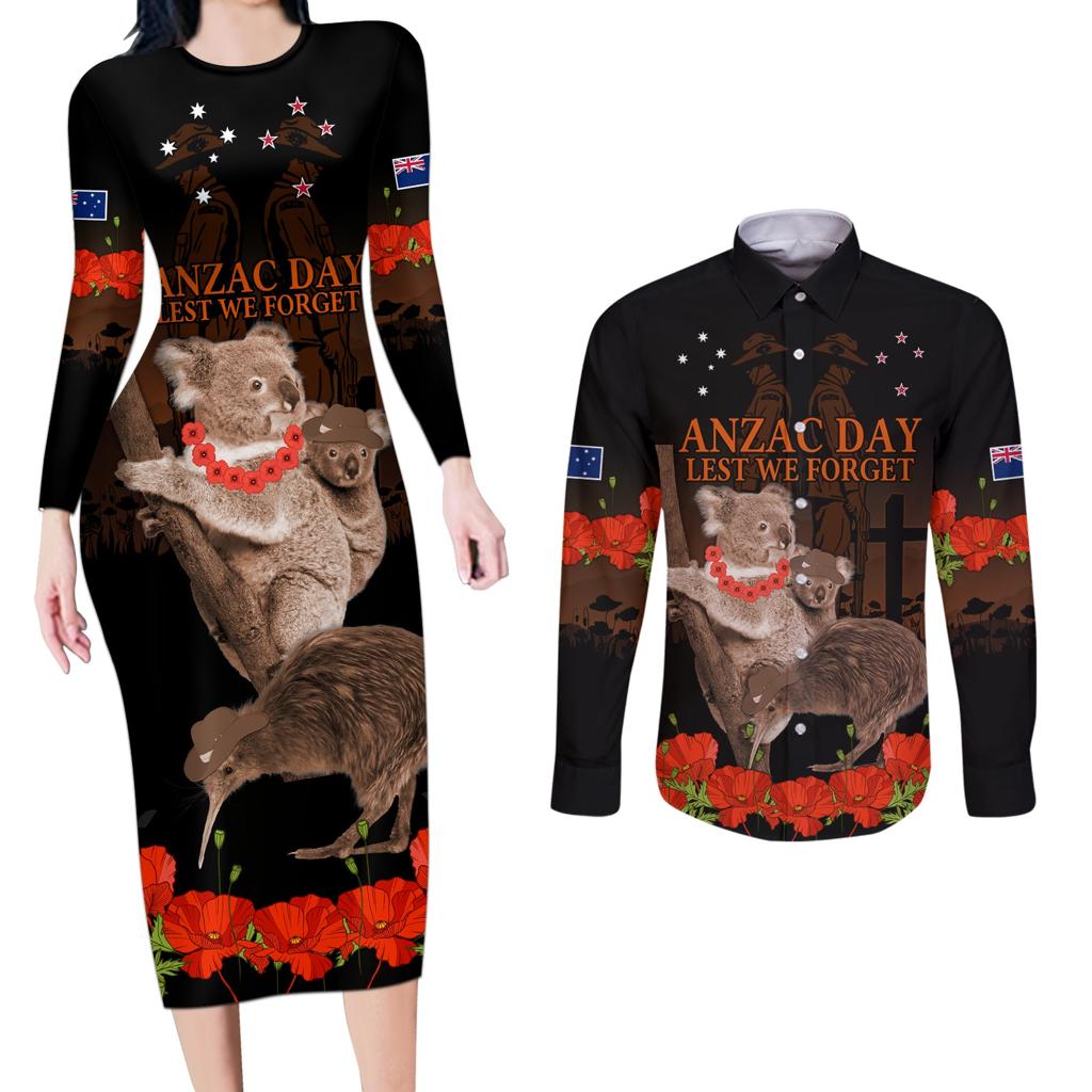 Koala and Kiwi Bird ANZAC Day Custom Couples Matching Long Sleeve Bodycon Dress and Long Sleeve Button Shirt Soldier Style