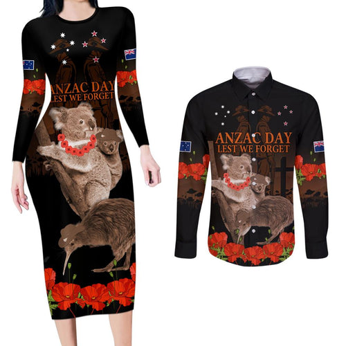 Koala and Kiwi Bird ANZAC Day Custom Couples Matching Long Sleeve Bodycon Dress and Long Sleeve Button Shirt Soldier Style