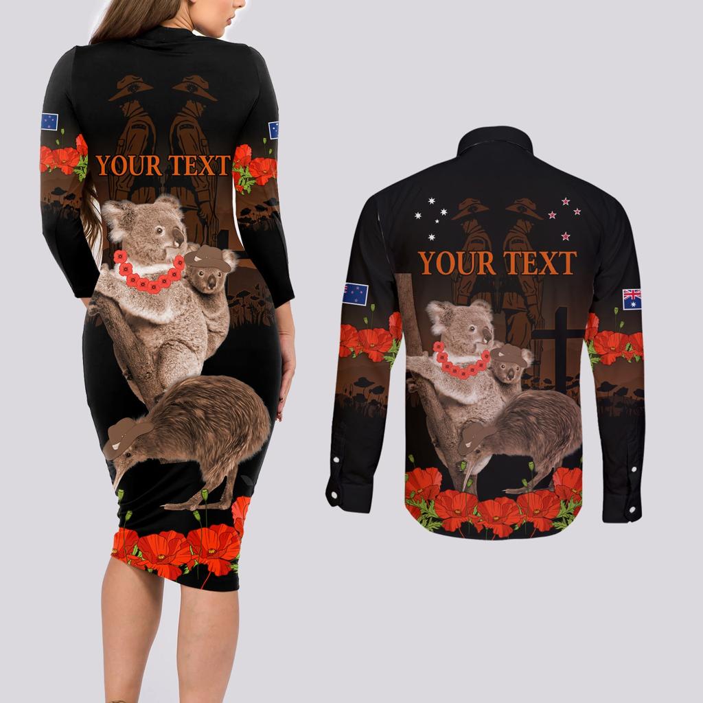 Koala and Kiwi Bird ANZAC Day Custom Couples Matching Long Sleeve Bodycon Dress and Long Sleeve Button Shirt Soldier Style