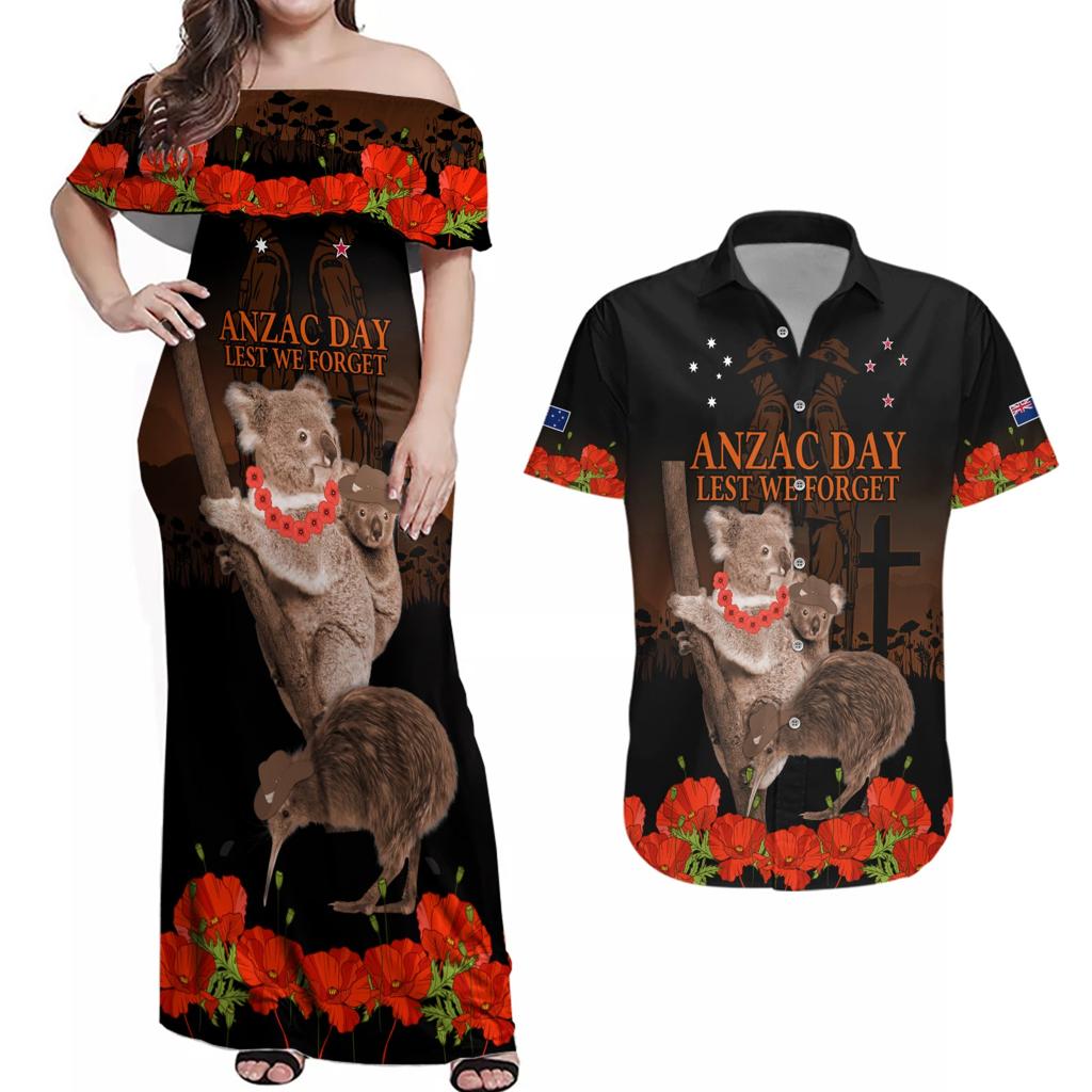Koala and Kiwi Bird ANZAC Day Custom Couples Matching Off Shoulder Maxi Dress and Hawaiian Shirt Soldier Style