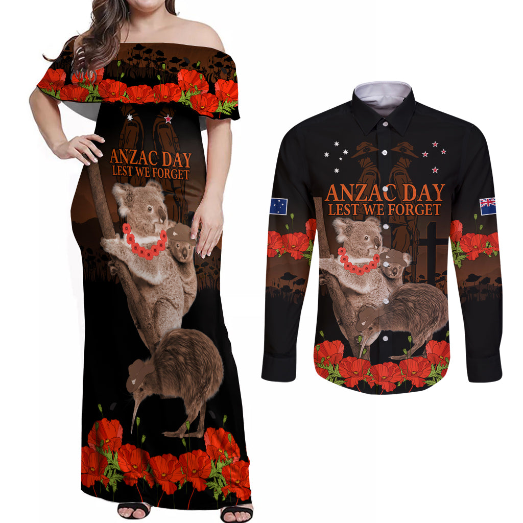 Koala and Kiwi Bird ANZAC Day Custom Couples Matching Off Shoulder Maxi Dress and Long Sleeve Button Shirt Soldier Style