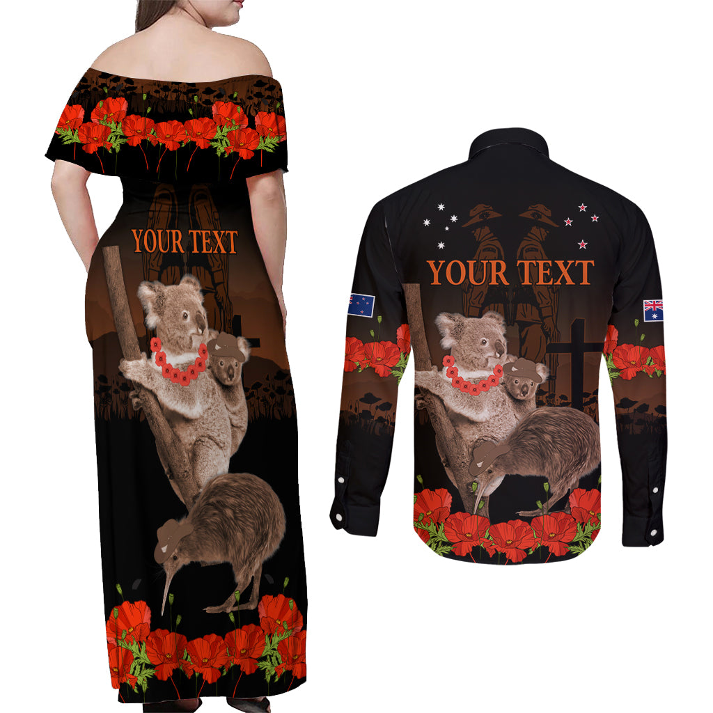 Koala and Kiwi Bird ANZAC Day Custom Couples Matching Off Shoulder Maxi Dress and Long Sleeve Button Shirt Soldier Style