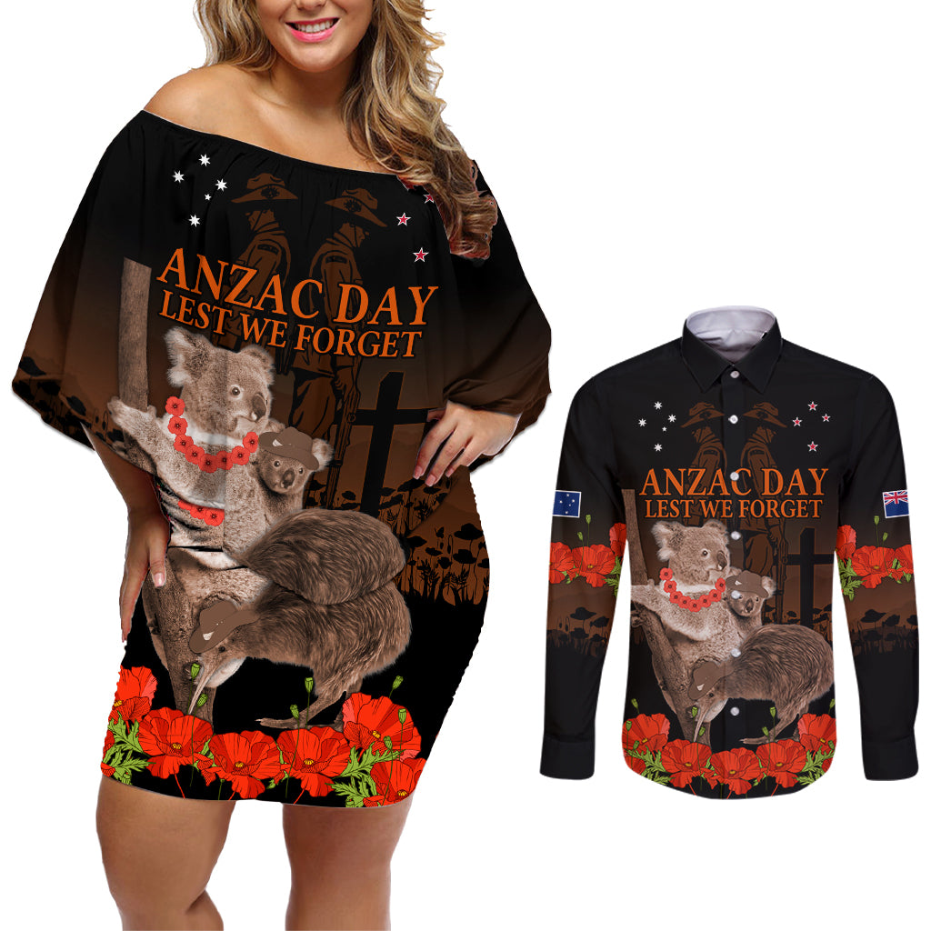 Koala and Kiwi Bird ANZAC Day Custom Couples Matching Off Shoulder Short Dress and Long Sleeve Button Shirt Soldier Style