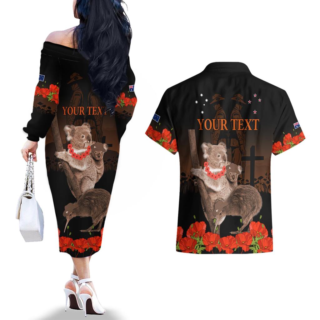 Koala and Kiwi Bird ANZAC Day Custom Couples Matching Off The Shoulder Long Sleeve Dress and Hawaiian Shirt Soldier Style