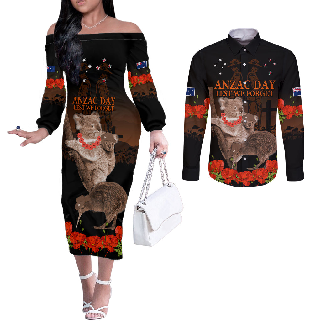 Koala and Kiwi Bird ANZAC Day Custom Couples Matching Off The Shoulder Long Sleeve Dress and Long Sleeve Button Shirt Soldier Style