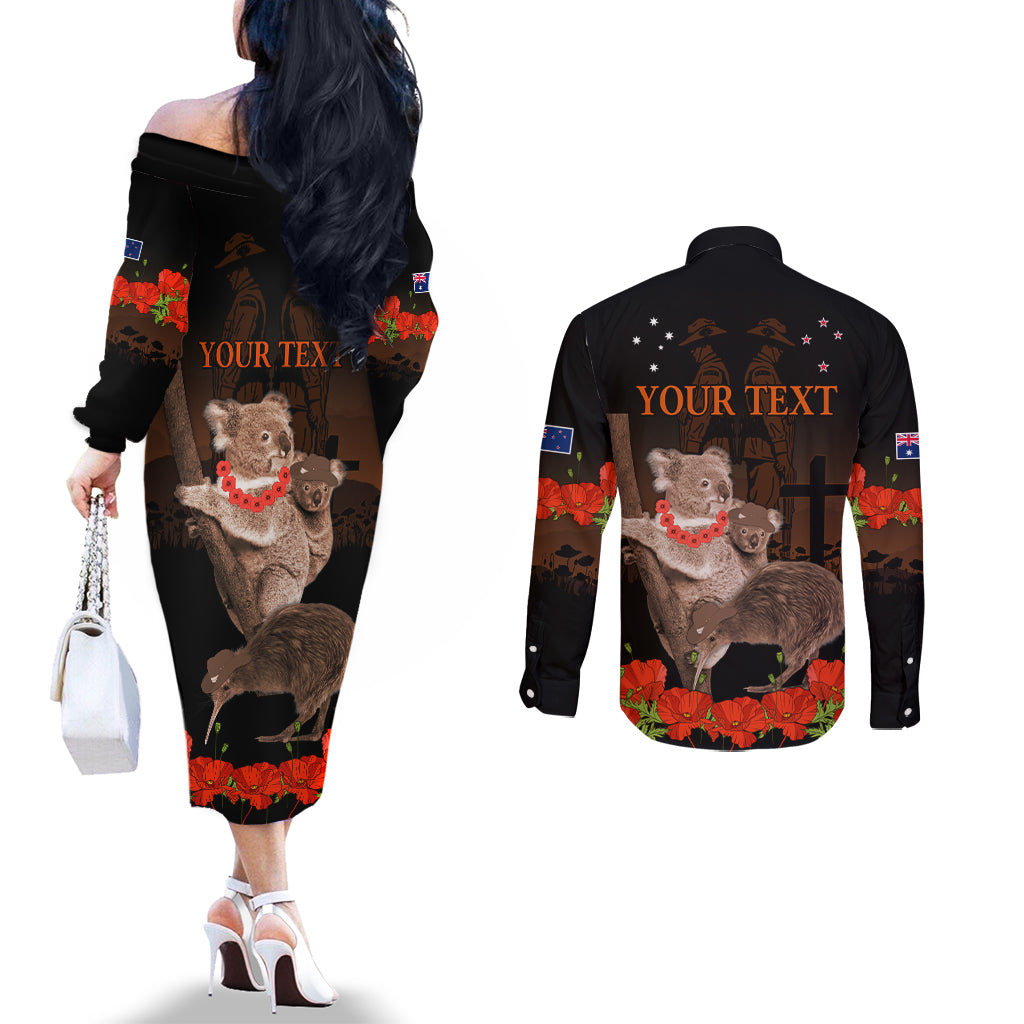 Koala and Kiwi Bird ANZAC Day Custom Couples Matching Off The Shoulder Long Sleeve Dress and Long Sleeve Button Shirt Soldier Style