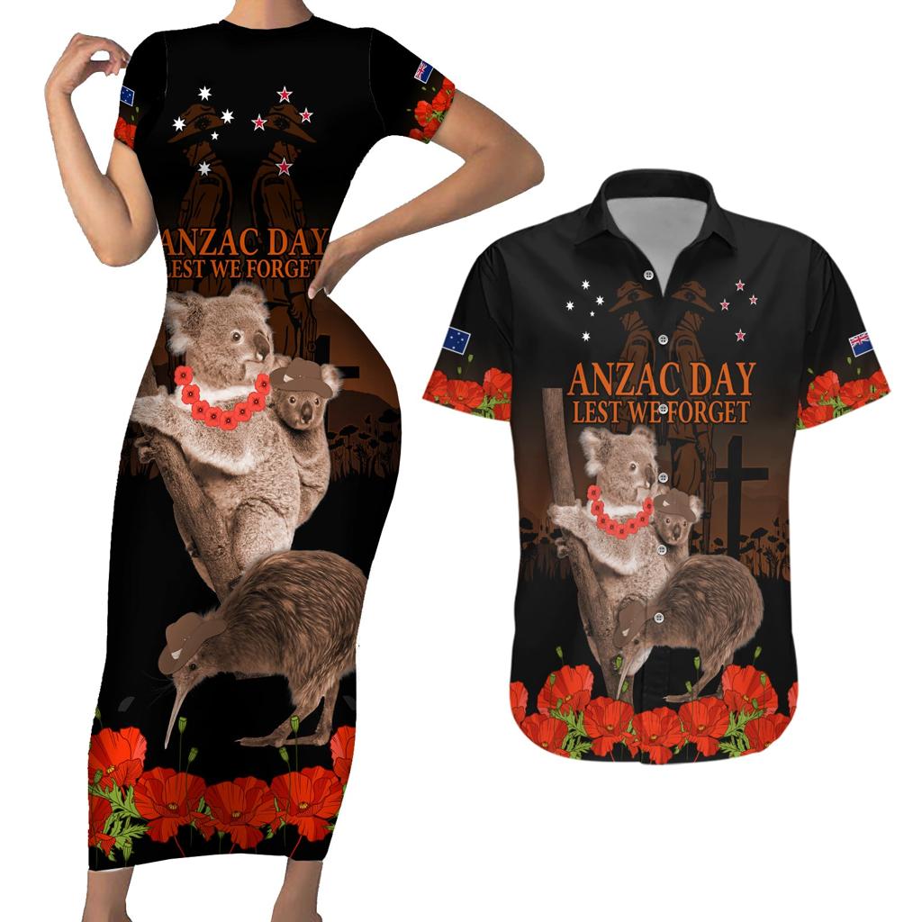 Koala and Kiwi Bird ANZAC Day Custom Couples Matching Short Sleeve Bodycon Dress and Hawaiian Shirt Soldier Style