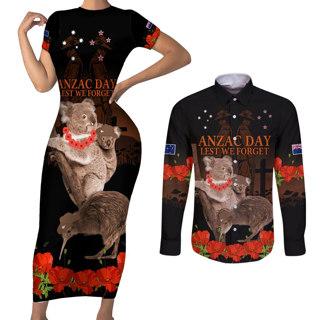 Koala and Kiwi Bird ANZAC Day Custom Couples Matching Short Sleeve Bodycon Dress and Long Sleeve Button Shirt Soldier Style