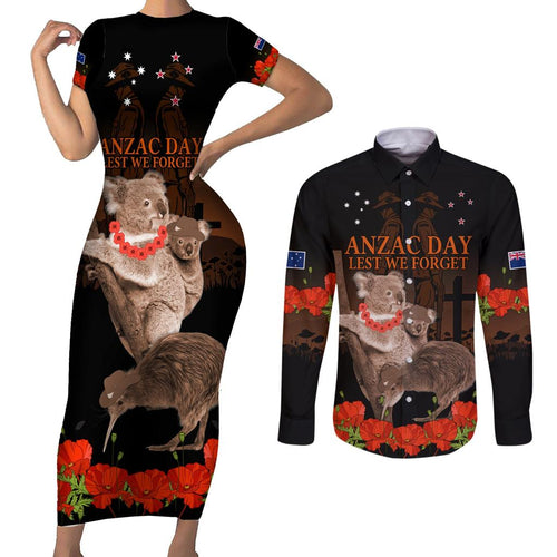 Koala and Kiwi Bird ANZAC Day Custom Couples Matching Short Sleeve Bodycon Dress and Long Sleeve Button Shirt Soldier Style