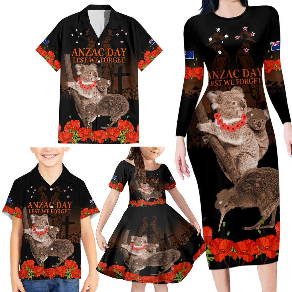 Koala and Kiwi Bird ANZAC Day Custom Family Matching Long Sleeve Bodycon Dress and Hawaiian Shirt Soldier Style