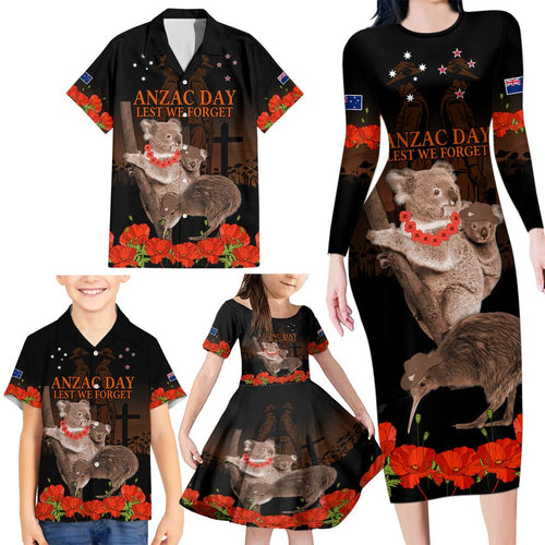 Koala and Kiwi Bird ANZAC Day Custom Family Matching Long Sleeve Bodycon Dress and Hawaiian Shirt Soldier Style
