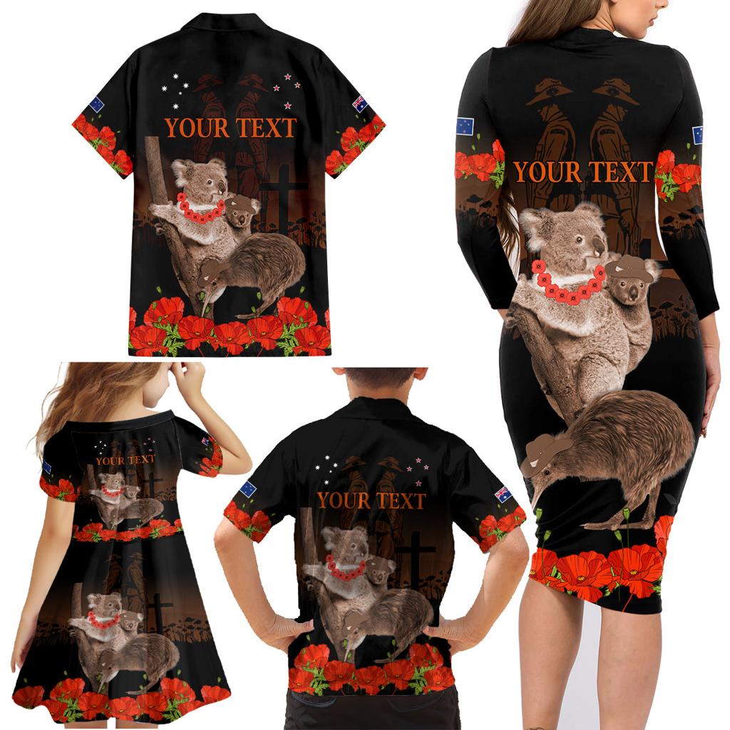 Koala and Kiwi Bird ANZAC Day Custom Family Matching Long Sleeve Bodycon Dress and Hawaiian Shirt Soldier Style