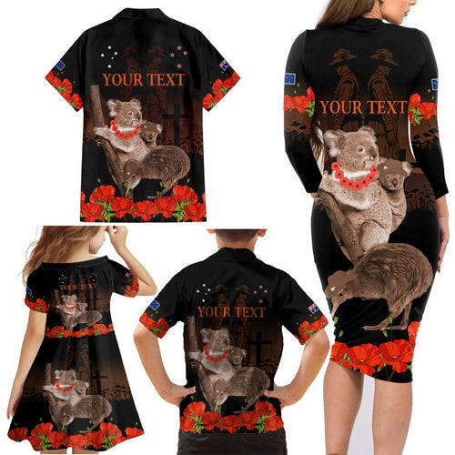 Koala and Kiwi Bird ANZAC Day Custom Family Matching Long Sleeve Bodycon Dress and Hawaiian Shirt Soldier Style