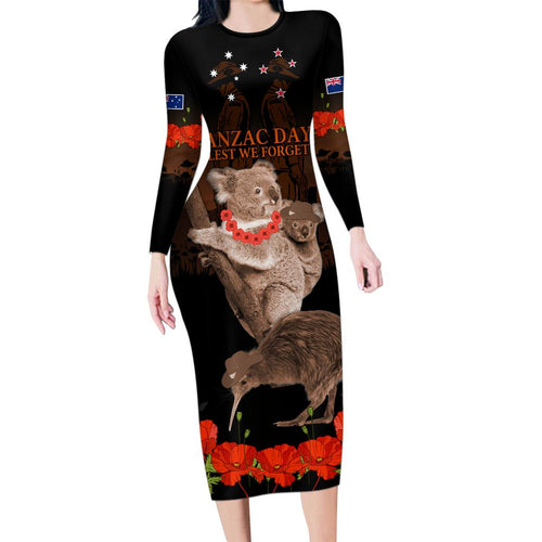 Koala and Kiwi Bird ANZAC Day Custom Family Matching Long Sleeve Bodycon Dress and Hawaiian Shirt Soldier Style
