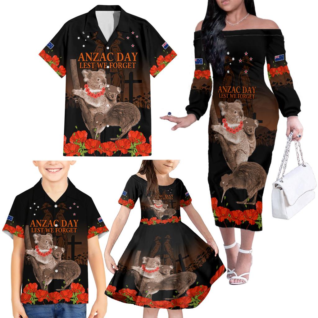 Koala and Kiwi Bird ANZAC Day Custom Family Matching Off Shoulder Long Sleeve Dress and Hawaiian Shirt Soldier Style