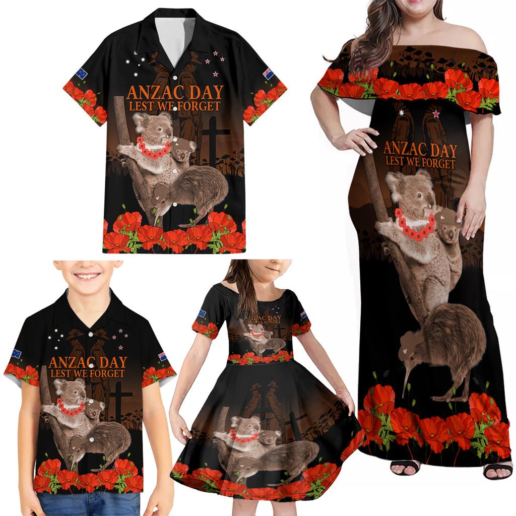 Koala and Kiwi Bird ANZAC Day Custom Family Matching Off Shoulder Maxi Dress and Hawaiian Shirt Soldier Style