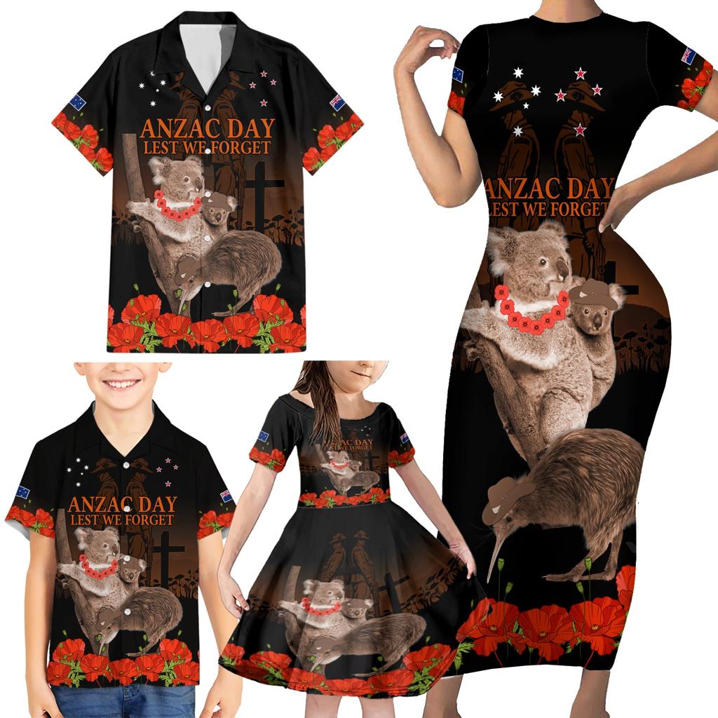 Koala and Kiwi Bird ANZAC Day Custom Family Matching Short Sleeve Bodycon Dress and Hawaiian Shirt Soldier Style