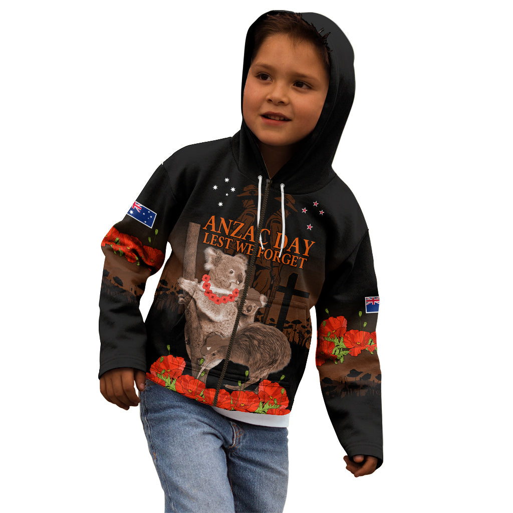 Koala and Kiwi Bird ANZAC Day Custom Kid Hoodie Soldier Style