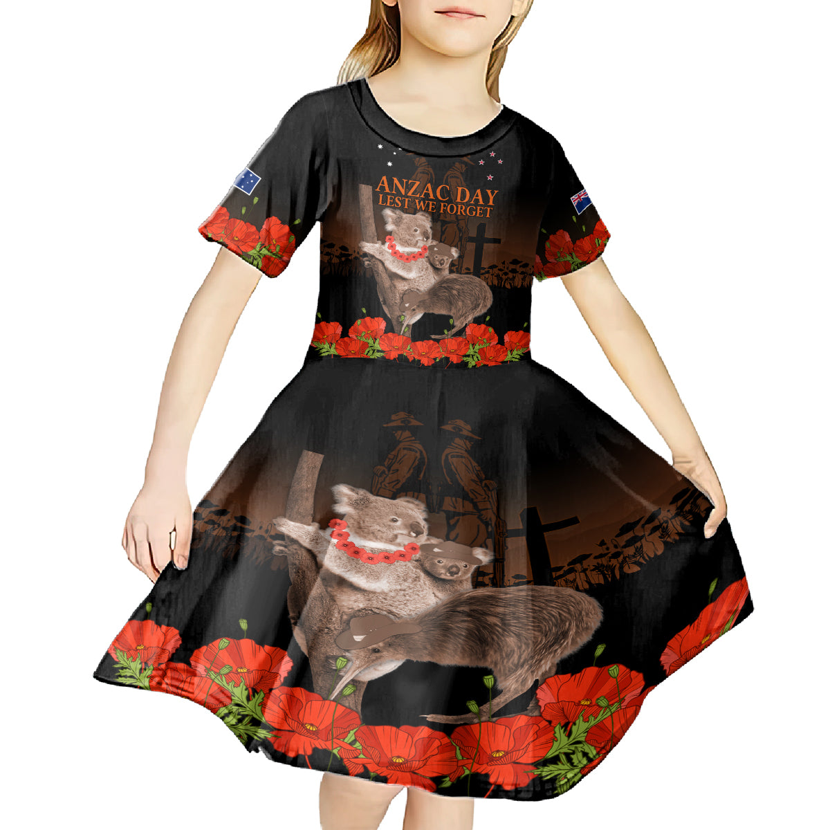 Koala and Kiwi Bird ANZAC Day Custom Kid Short Sleeve Dress Soldier Style