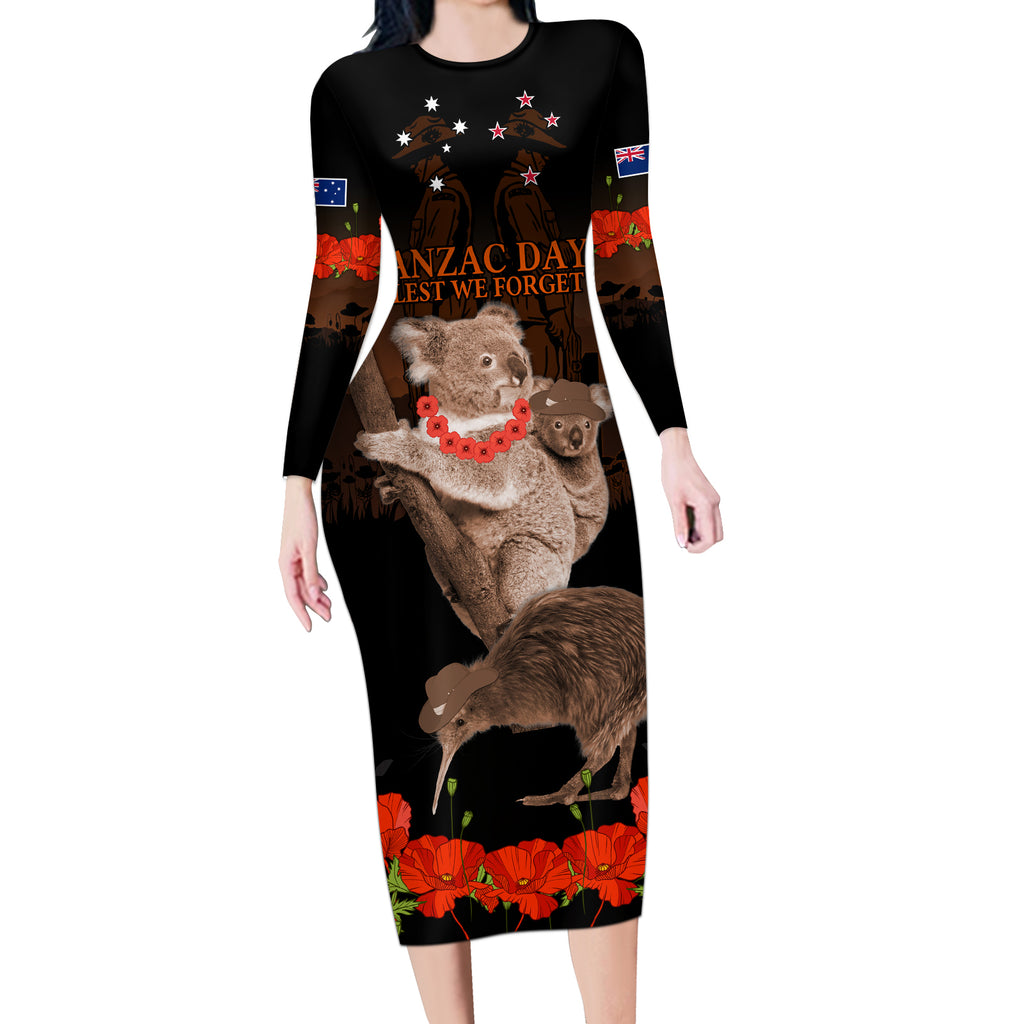 Koala and Kiwi Bird ANZAC Day Custom Long Sleeve Bodycon Dress Soldier Style