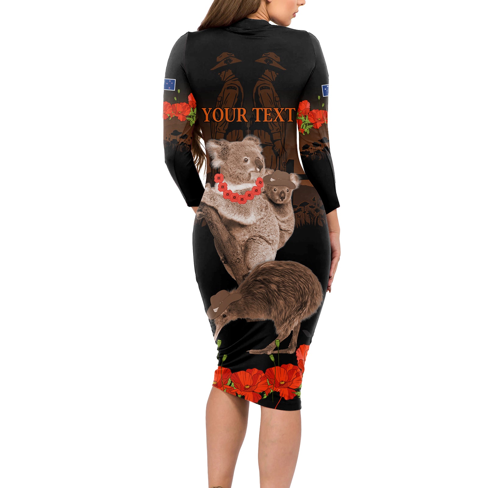 Koala and Kiwi Bird ANZAC Day Custom Long Sleeve Bodycon Dress Soldier Style