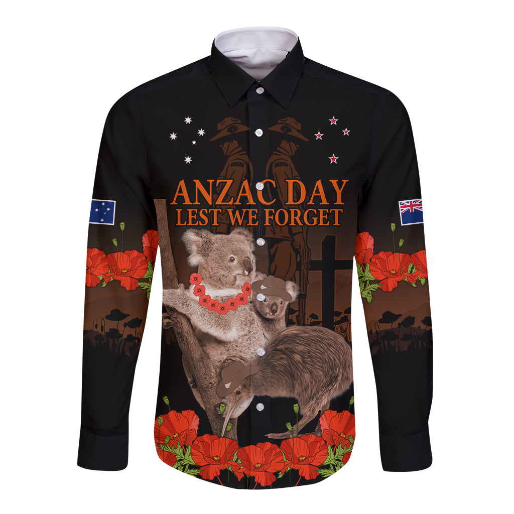 Koala and Kiwi Bird ANZAC Day Custom Long Sleeve Button Shirt Soldier Style