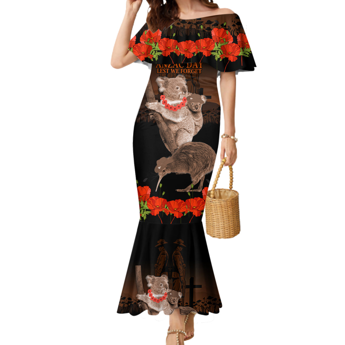 Koala and Kiwi Bird ANZAC Day Custom Mermaid Dress Soldier Style
