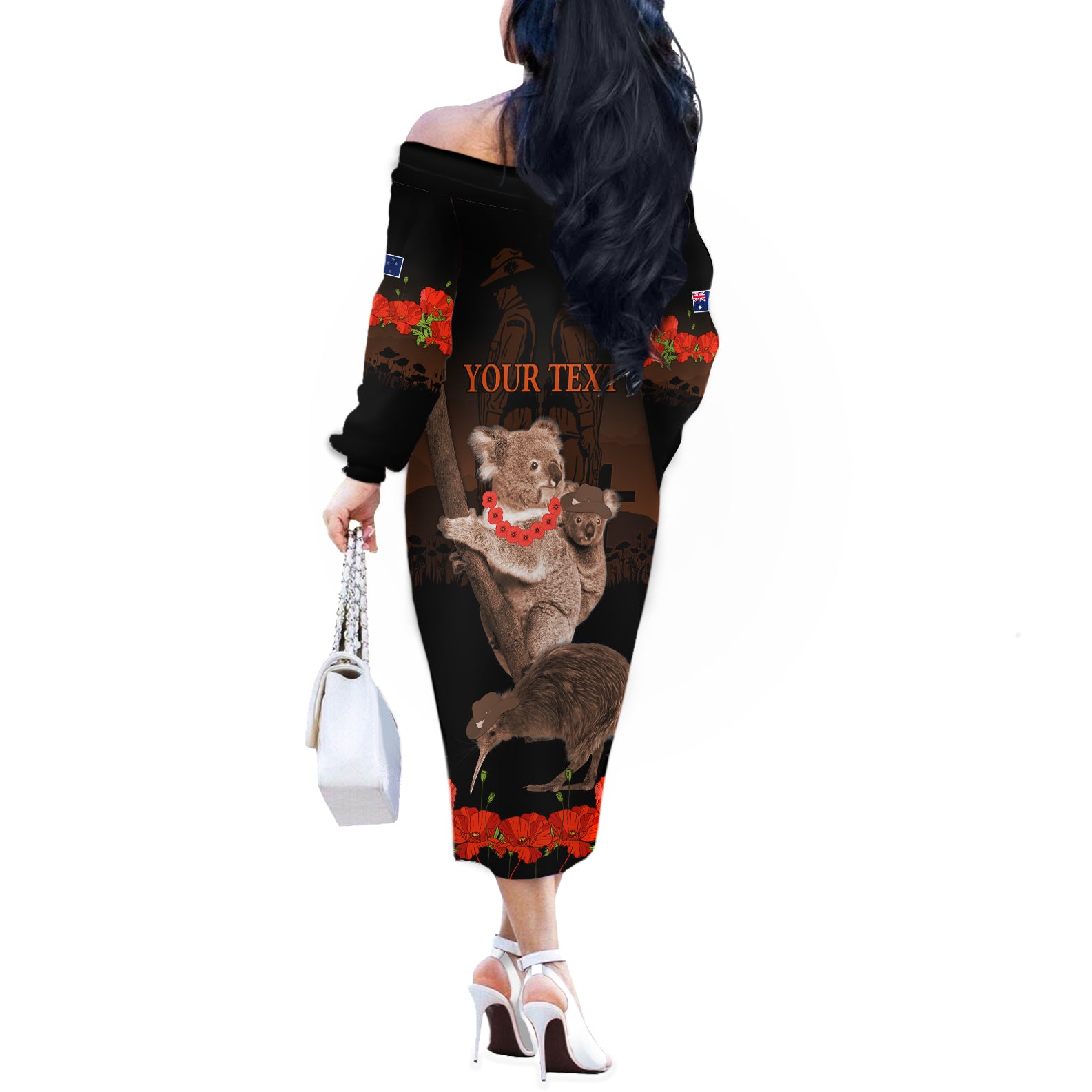 Koala and Kiwi Bird ANZAC Day Custom Off The Shoulder Long Sleeve Dress Soldier Style