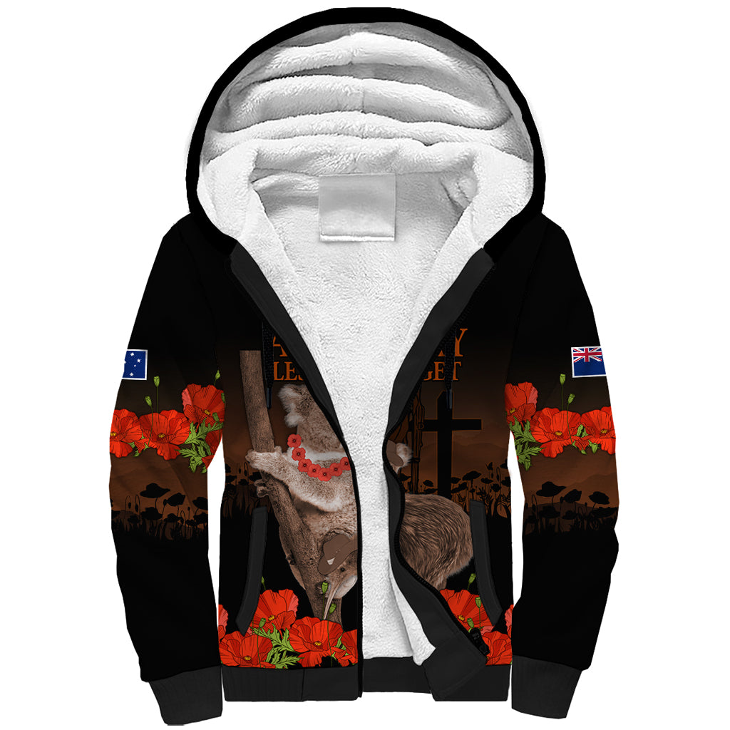 Koala and Kiwi Bird ANZAC Day Custom Sherpa Hoodie Soldier Style