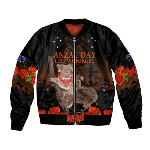 Koala and Kiwi Bird ANZAC Day Custom Sleeve Zip Bomber Jacket Soldier Style
