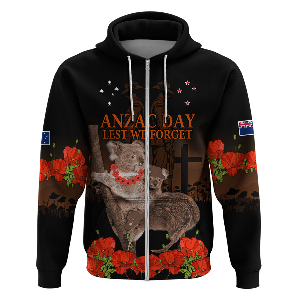 Koala and Kiwi Bird ANZAC Day Custom Zip Hoodie Soldier Style