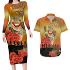 Australia Koala Soldier Style Couples Matching Long Sleeve Bodycon Dress and Hawaiian Shirt Last Post Lest We Forget