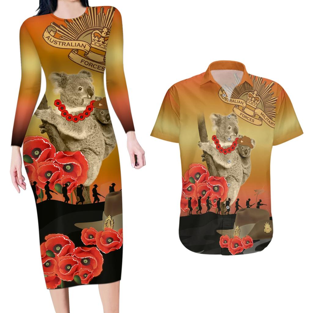 Australia Koala Soldier Style Couples Matching Long Sleeve Bodycon Dress and Hawaiian Shirt Last Post Lest We Forget