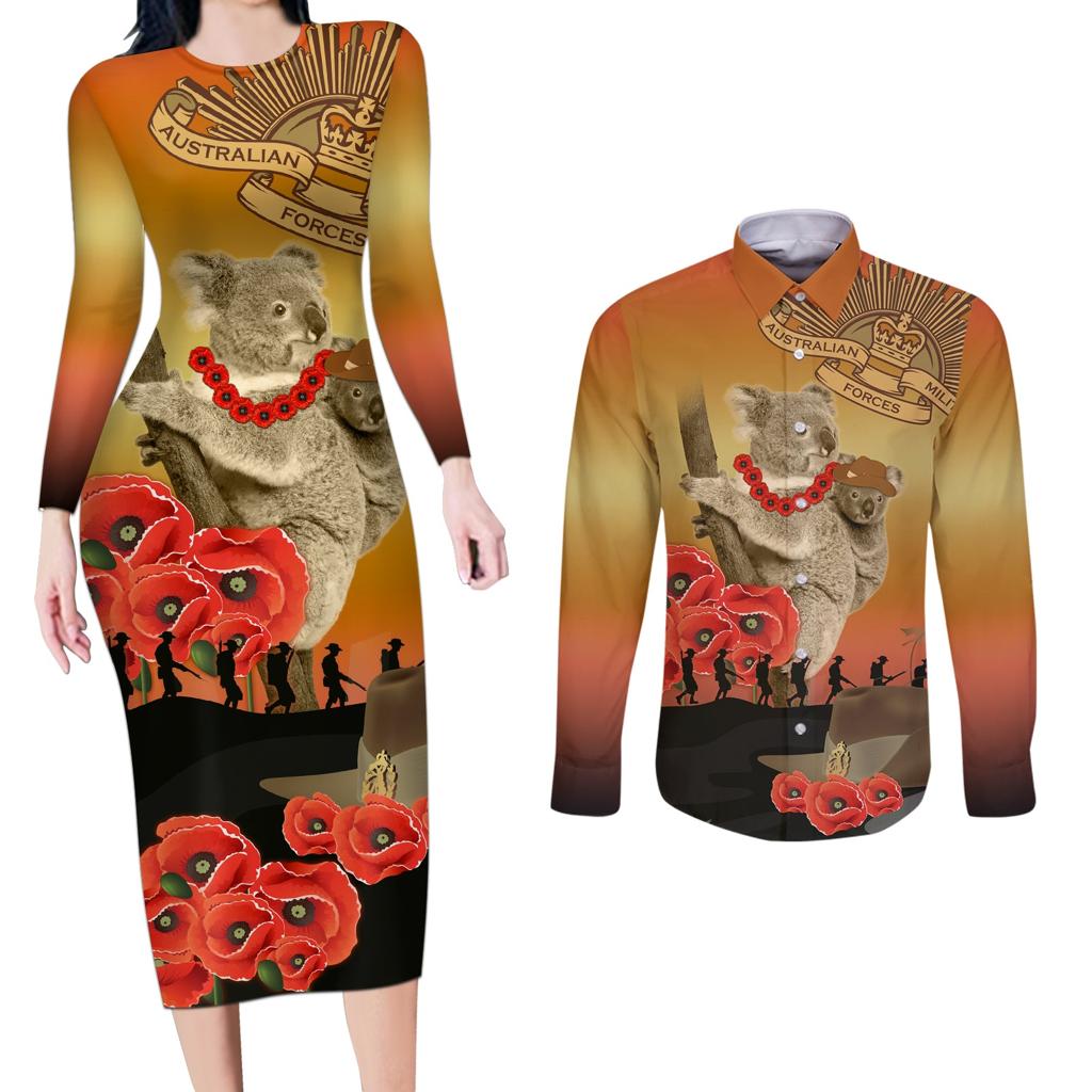 Australia Koala Soldier Style Couples Matching Long Sleeve Bodycon Dress and Long Sleeve Button Shirt Last Post Lest We Forget