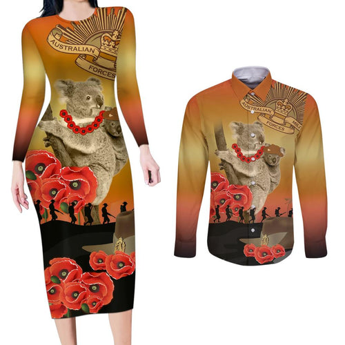 Australia Koala Soldier Style Couples Matching Long Sleeve Bodycon Dress and Long Sleeve Button Shirt Last Post Lest We Forget