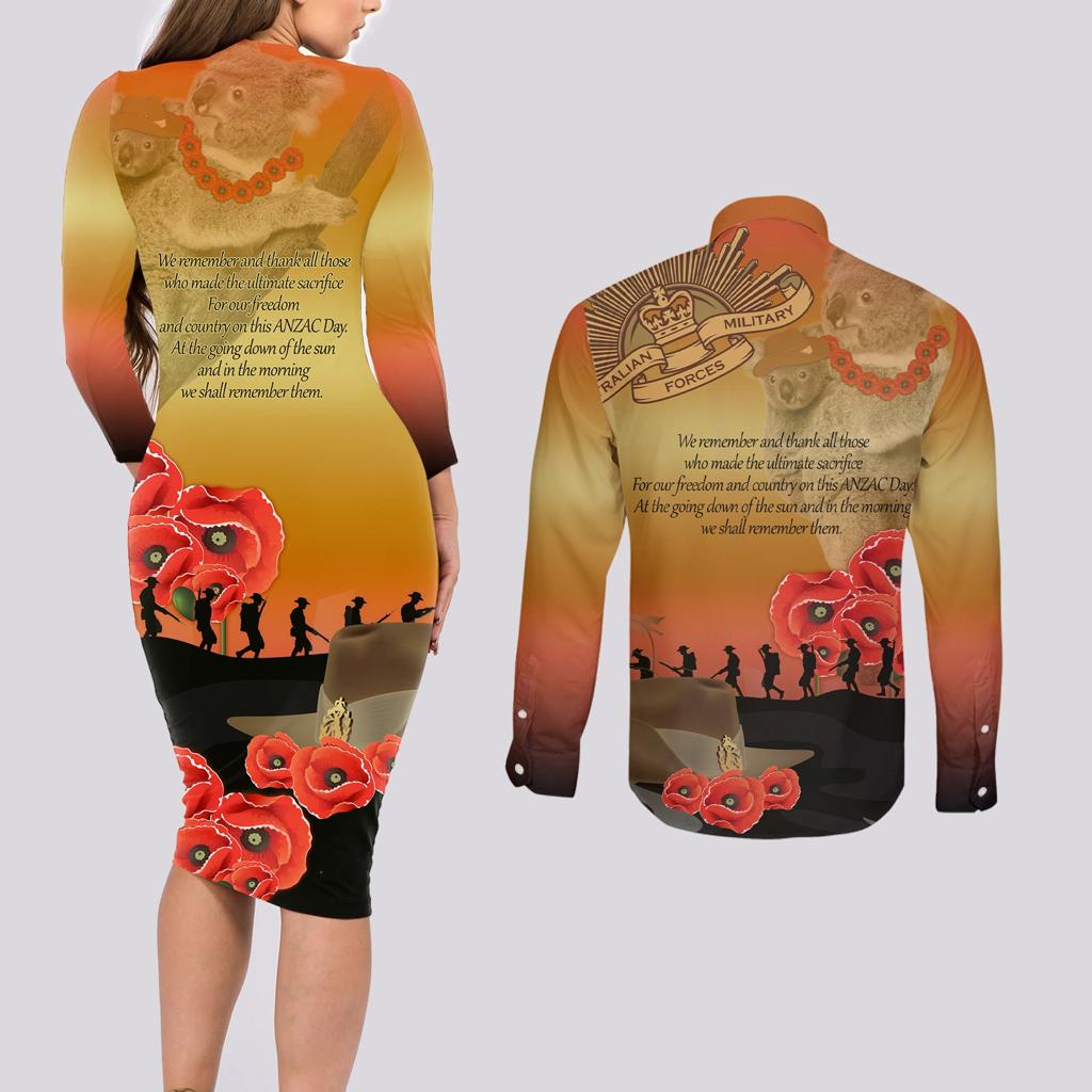 Australia Koala Soldier Style Couples Matching Long Sleeve Bodycon Dress and Long Sleeve Button Shirt Last Post Lest We Forget