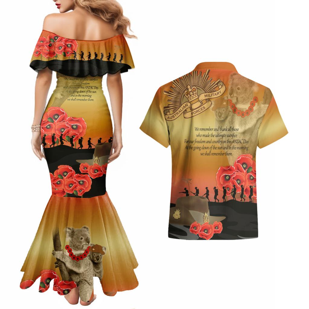 Australia Koala Soldier Style Couples Matching Mermaid Dress and Hawaiian Shirt Last Post Lest We Forget