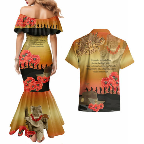 Australia Koala Soldier Style Couples Matching Mermaid Dress and Hawaiian Shirt Last Post Lest We Forget