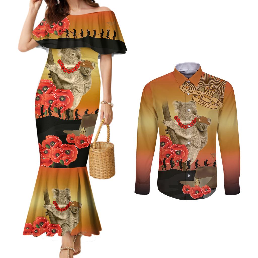 Australia Koala Soldier Style Couples Matching Mermaid Dress and Long Sleeve Button Shirt Last Post Lest We Forget