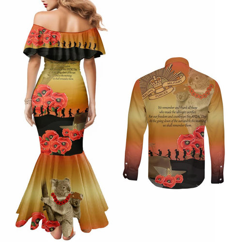 Australia Koala Soldier Style Couples Matching Mermaid Dress and Long Sleeve Button Shirt Last Post Lest We Forget