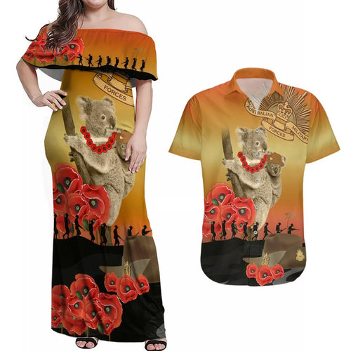 Australia Koala Soldier Style Couples Matching Off Shoulder Maxi Dress and Hawaiian Shirt Last Post Lest We Forget