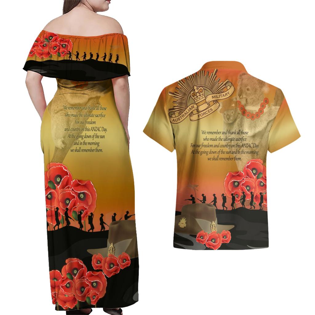Australia Koala Soldier Style Couples Matching Off Shoulder Maxi Dress and Hawaiian Shirt Last Post Lest We Forget