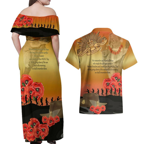 Australia Koala Soldier Style Couples Matching Off Shoulder Maxi Dress and Hawaiian Shirt Last Post Lest We Forget