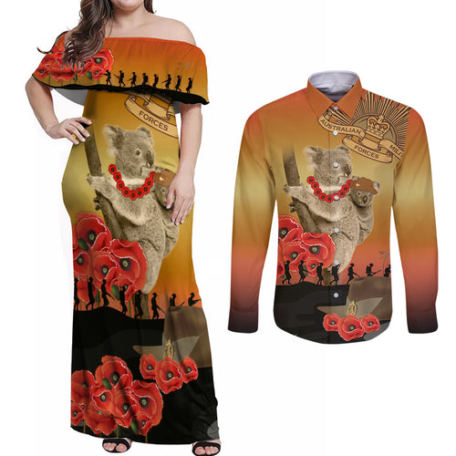 Australia Koala Soldier Style Couples Matching Off Shoulder Maxi Dress and Long Sleeve Button Shirt Last Post Lest We Forget