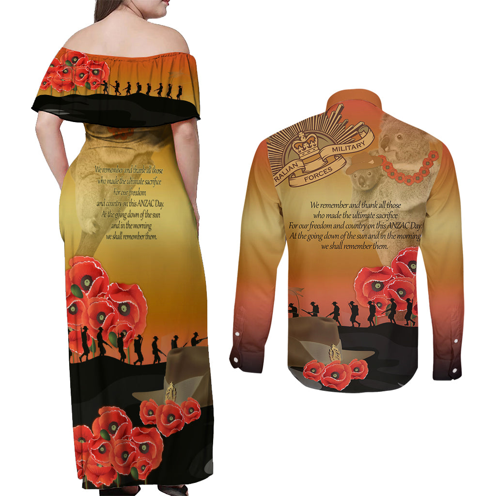 Australia Koala Soldier Style Couples Matching Off Shoulder Maxi Dress and Long Sleeve Button Shirt Last Post Lest We Forget