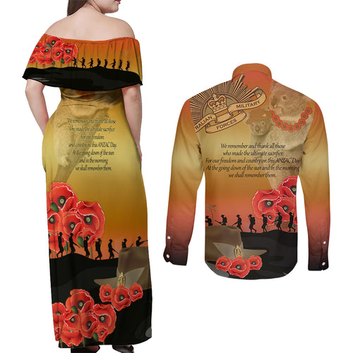 Australia Koala Soldier Style Couples Matching Off Shoulder Maxi Dress and Long Sleeve Button Shirt Last Post Lest We Forget