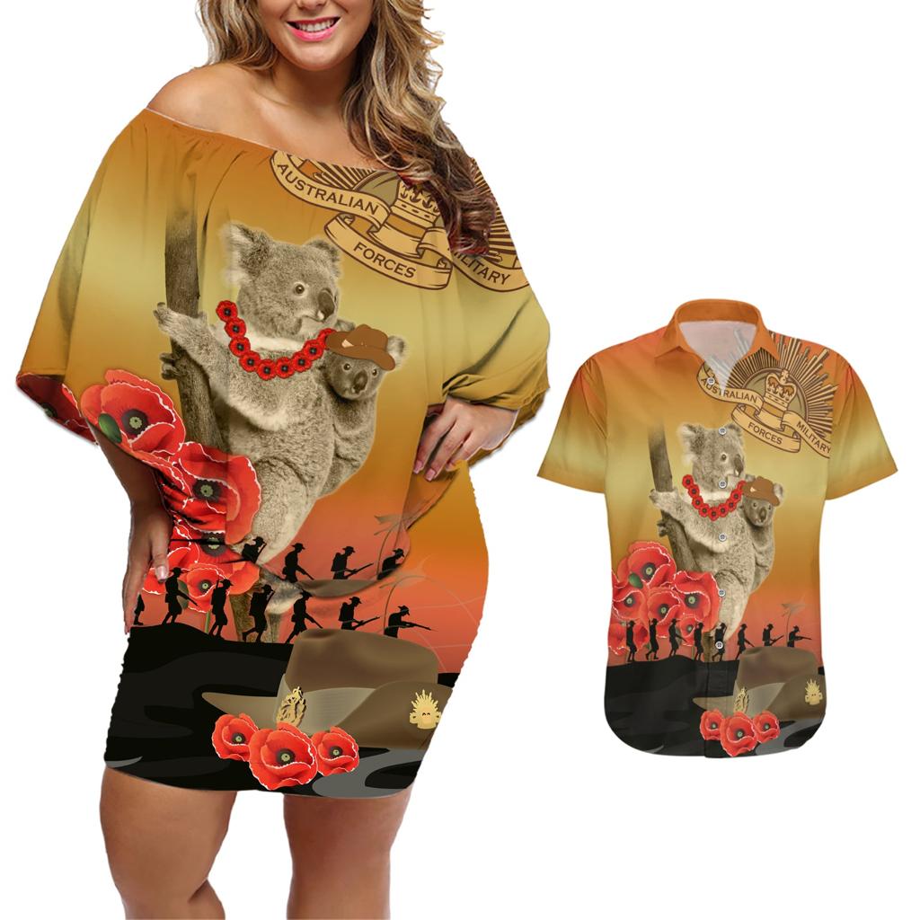Australia Koala Soldier Style Couples Matching Off Shoulder Short Dress and Hawaiian Shirt Last Post Lest We Forget