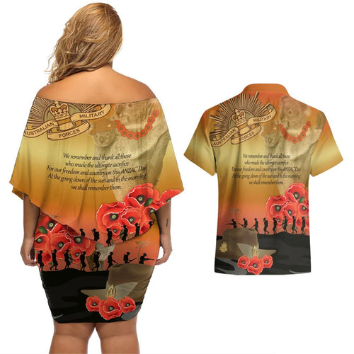 Australia Koala Soldier Style Couples Matching Off Shoulder Short Dress and Hawaiian Shirt Last Post Lest We Forget